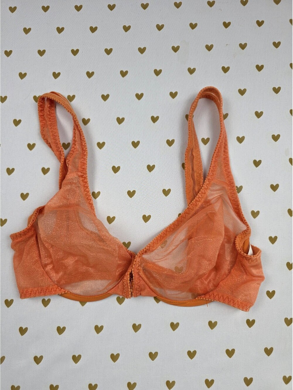 Victorias Secret Vintage Sheer Orange Heart Label 90's front close bra 34B